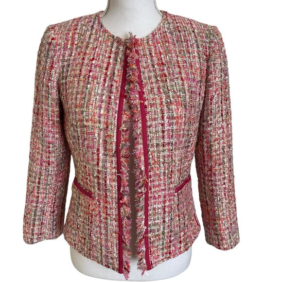 Tahari Arthur S. Levine Jacket Women's Size 2 Pink Multi Boucle Ribbon Fringed - Picture 1 of 11